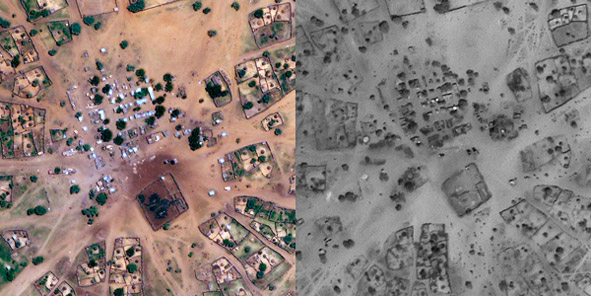 Satellite pictures taken before and after an attack on the village of Angabo in Darfur.