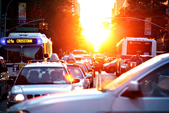 Sun beating down on an NYC street