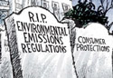 White House lawn with environmental regulations headstones, and Bush explaining they're not decorations