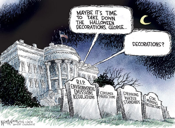 White House lawn with environmental regulations headstones, and Bush explaining they're not decorations