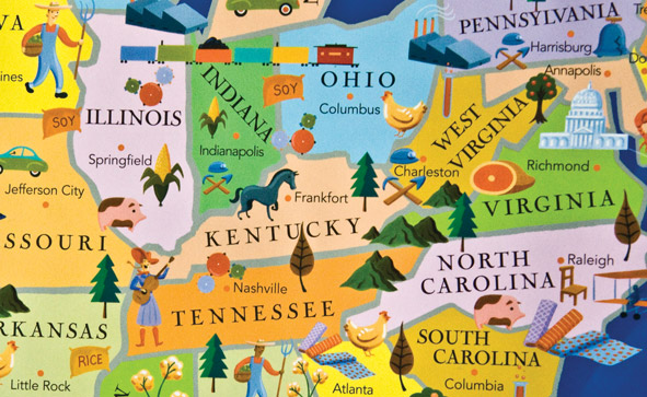 map of United States with products of different states