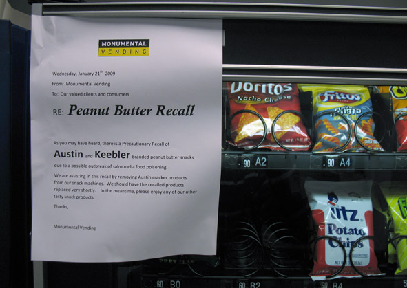 vending machine with peanut butter recall notice on it