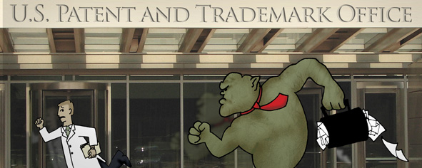 troll chasing scientist in front of USPTO building