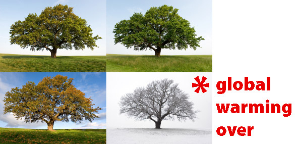 tree in fours seasons with asterisk next to winter and text: global warming over