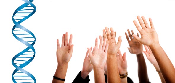 dna strand and a diverse array of hands raised