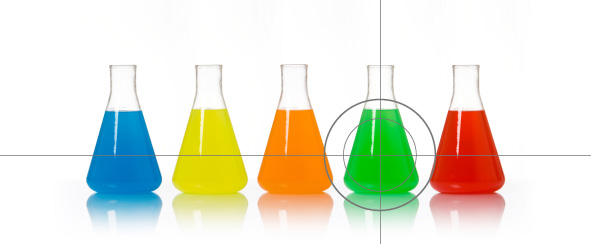 row of beakers with one centered in a crosshair