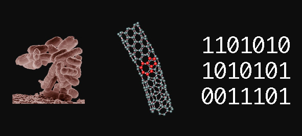 bacteria under magnification, a nanotube, binary code