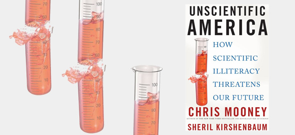 three broken test tubes and the cover of the book Unscientific America