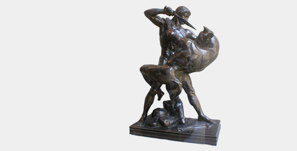 A statute of Theseus battling the mythological Minotaur.