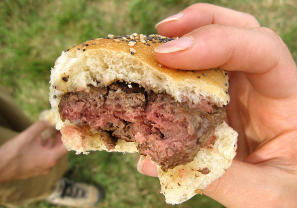 close up up hand holding partially eaten burger