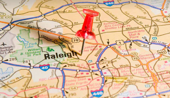 map of Research Triangle area in North Carolina with pushpin near Raleigh