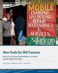 cover of report: New Tools for Old Traumas, with man standing at Kenyan mobile phone shop
