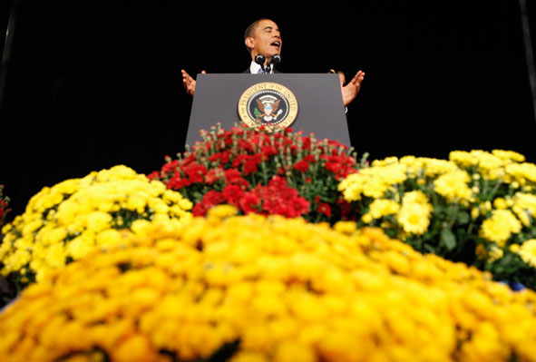 President Barack Obama makes remarks about stimulus funding for biomedical research, Wednesday, Sept. 30, 2009, at the National Institutes of Health in Bethesda, Maryland.