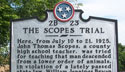 The Scopes trial historical marker in front of the Rhea County Courthouse, Dayton, Tennessee.