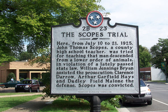The Scopes trial historical marker in front of the Rhea County Courthouse, Dayton, Tennessee.