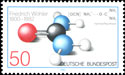 A German stamp commemorating the 100th anniversary of the death of Friedrich Wöhler, with an image of a urea molecule.